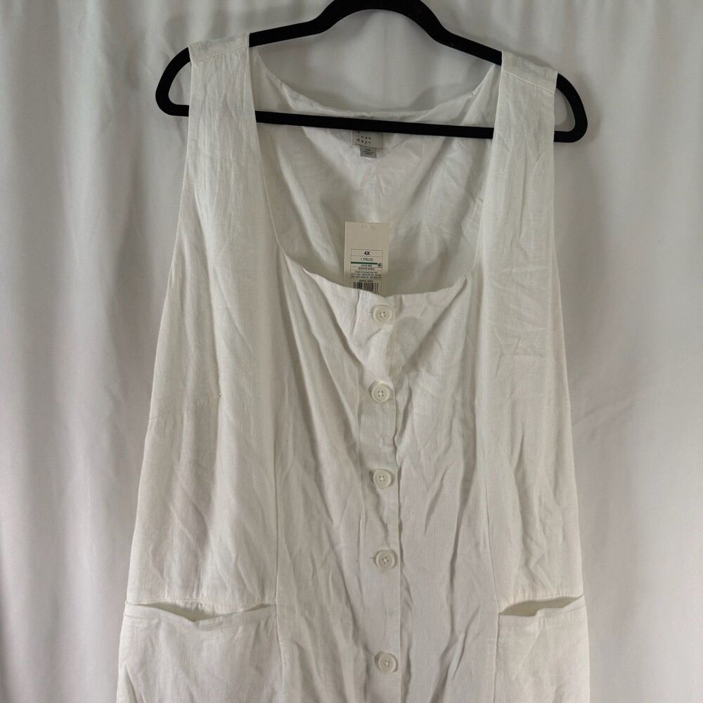 New A New Day Linen Blend Dress Women's 4X White Sleeveless Midi Button Up Squar